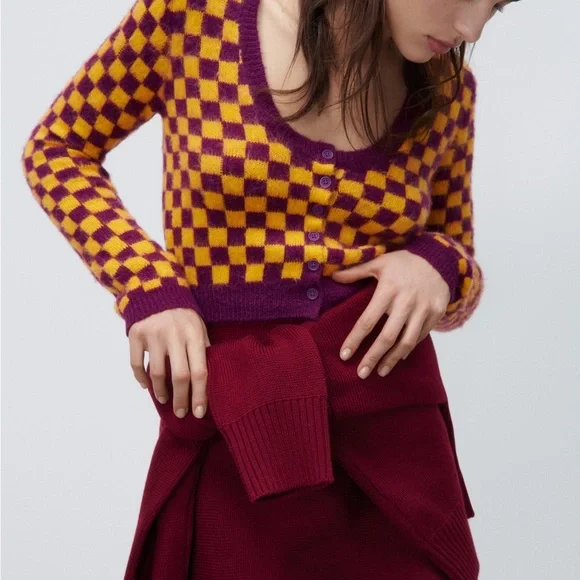 Zara Sweaters Zara Womens Small Plaid Knit Sweater Purple